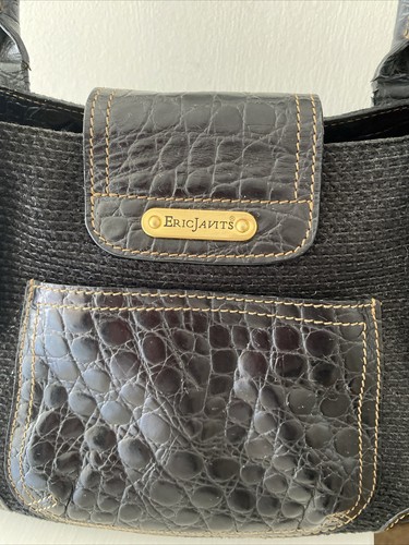 Eric Javits Black Woven Squishee Straw Croc Embossed Leather Shoulder Bag - Picture 4 of 16