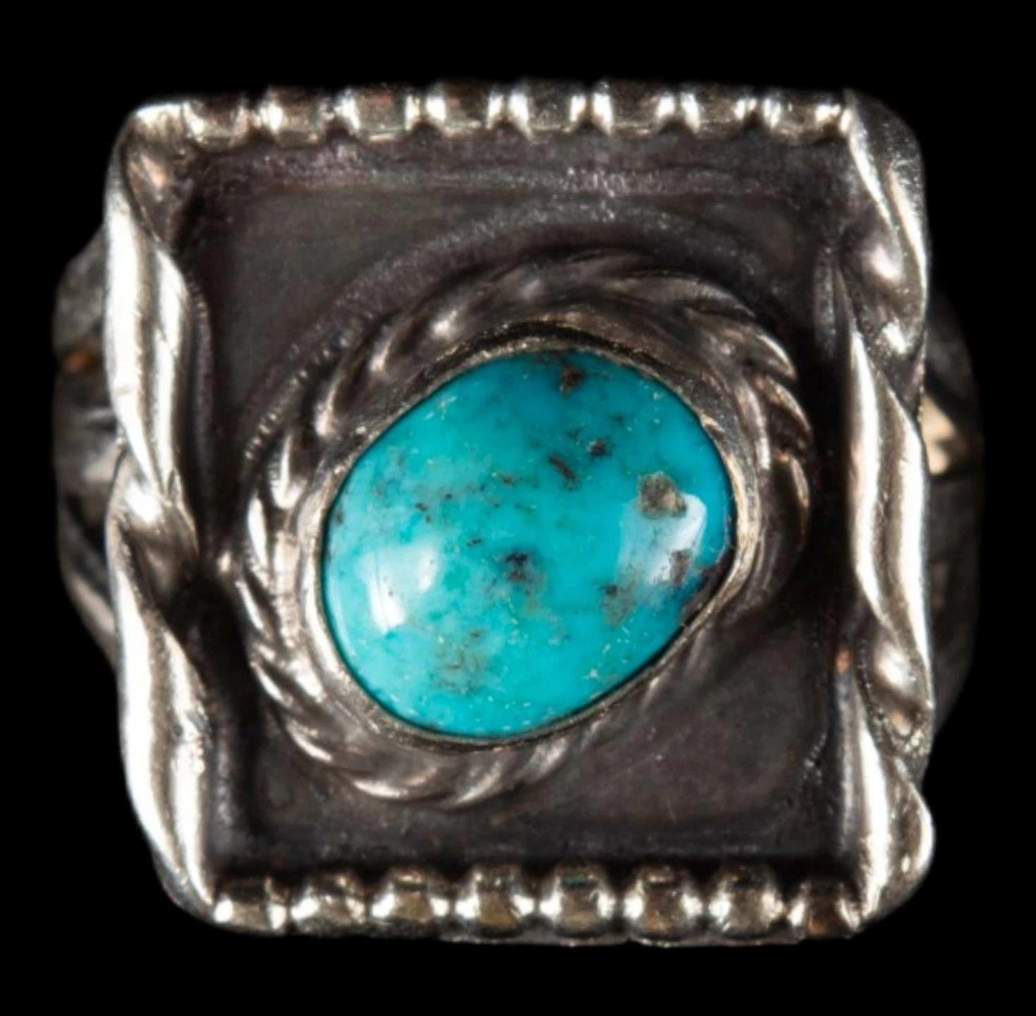 Vintage Native American Sterling Silver Turquoise Ring Rope Bead Square 5.7gr