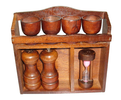 Vintage Wooden Egg Cups Timer Salt & Pepper Shaker Wall Rack Mid Century Taiwan