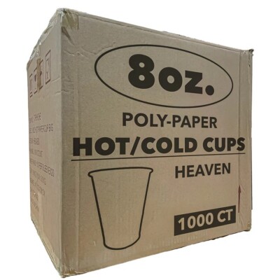 8 oz Poly Paper Disposable Drinking Cups 1000 count 1 Case Hot/Cold Heaven Cups
