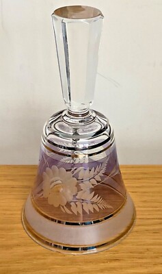 Vintage Glasglocke violett blau getönt geätzt floral Tisch Handglocke mit Klöppel