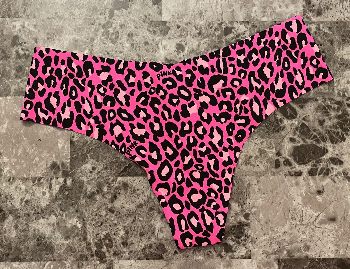 NWT VICTORIA'S SECRET PINK BLACK LEOPARD CHEETAH LOGO NO SHOW THONG PANTIES