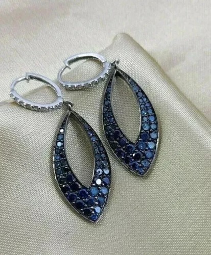 Women Drop/Dangle Earring 2.0Ct Round Lab Created Sapphire 14K White Gold Plated - Picture 3 of 5