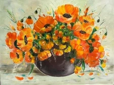 Oil painting " Orange Poppies in vase" 12” x16” canvas, unframed