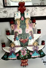 Vtg 24" Large CANDLEABRA Angel Wall HOLDER Wood ROSEMALING Folk Art Xmas Candle