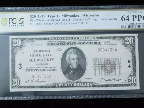 1929 $20 National Currency Note Milwaukee, Wisconsin Fr 1802-1 PCGS 64PPQ - Picture 3 of 4