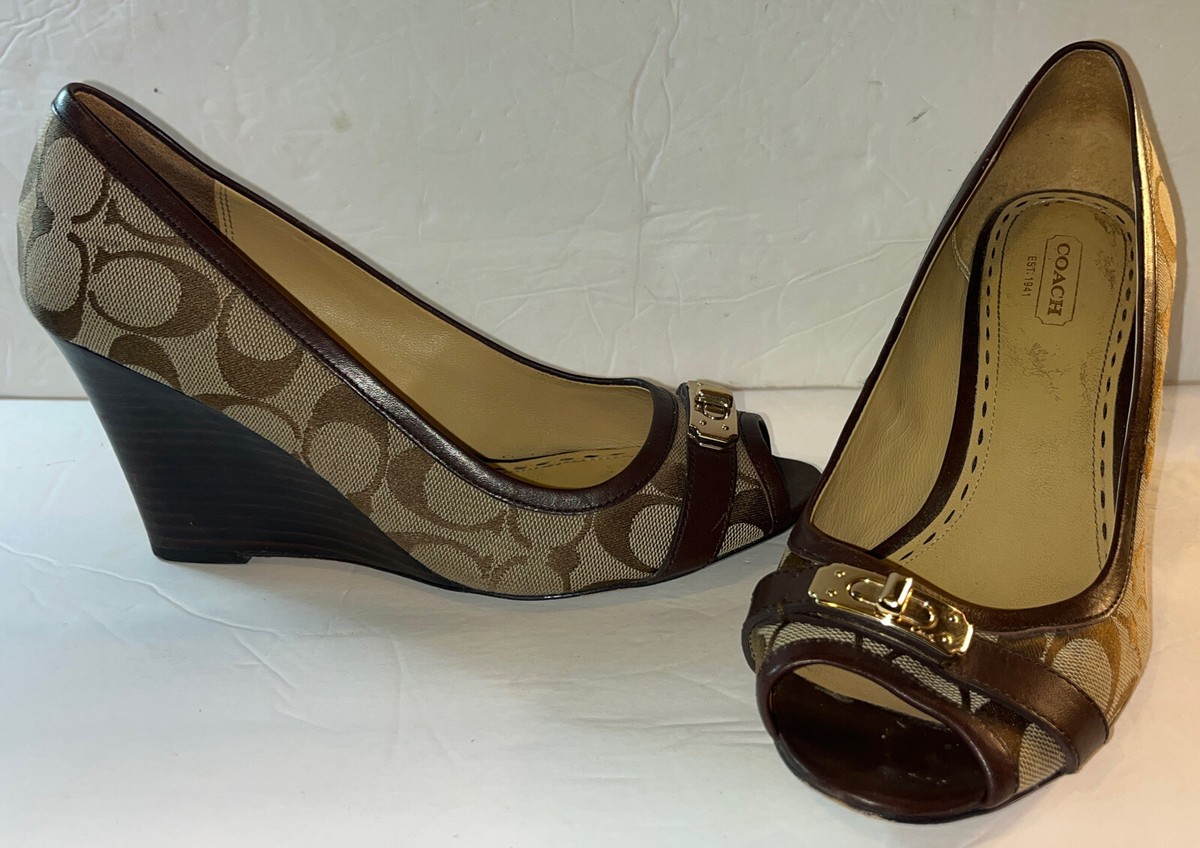 Coach Brown Leather Logo Signature Canvas Wedge Heels Shoes