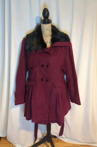 NEW! Women's Faux Fur Collar Double Breasted Trench Coat XXL Wine Red Purple - Picture 2 of 7