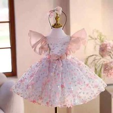 Sparkly PinkFlower Girl Dress Puffy Sleeve Princess Kid Birthday Party Ball Gown