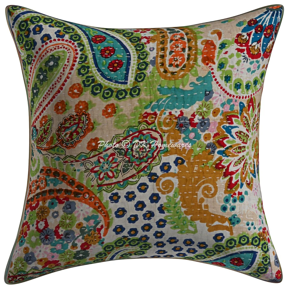 Juego de 2 fundas de almohada de algodón bohemio Indian Kantha 16x16 en cachemir boho Foto 3 de 4