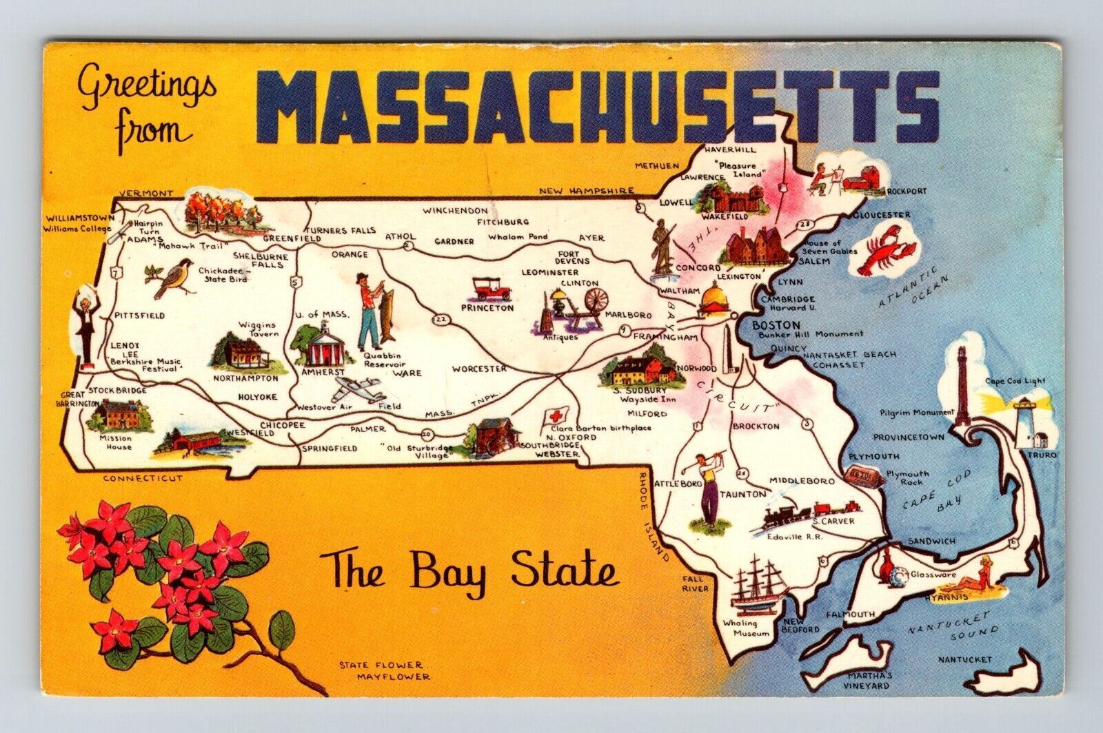 MA-Massachusetts, Scenic Map Greetings, Landmarks, Vintage Postcard