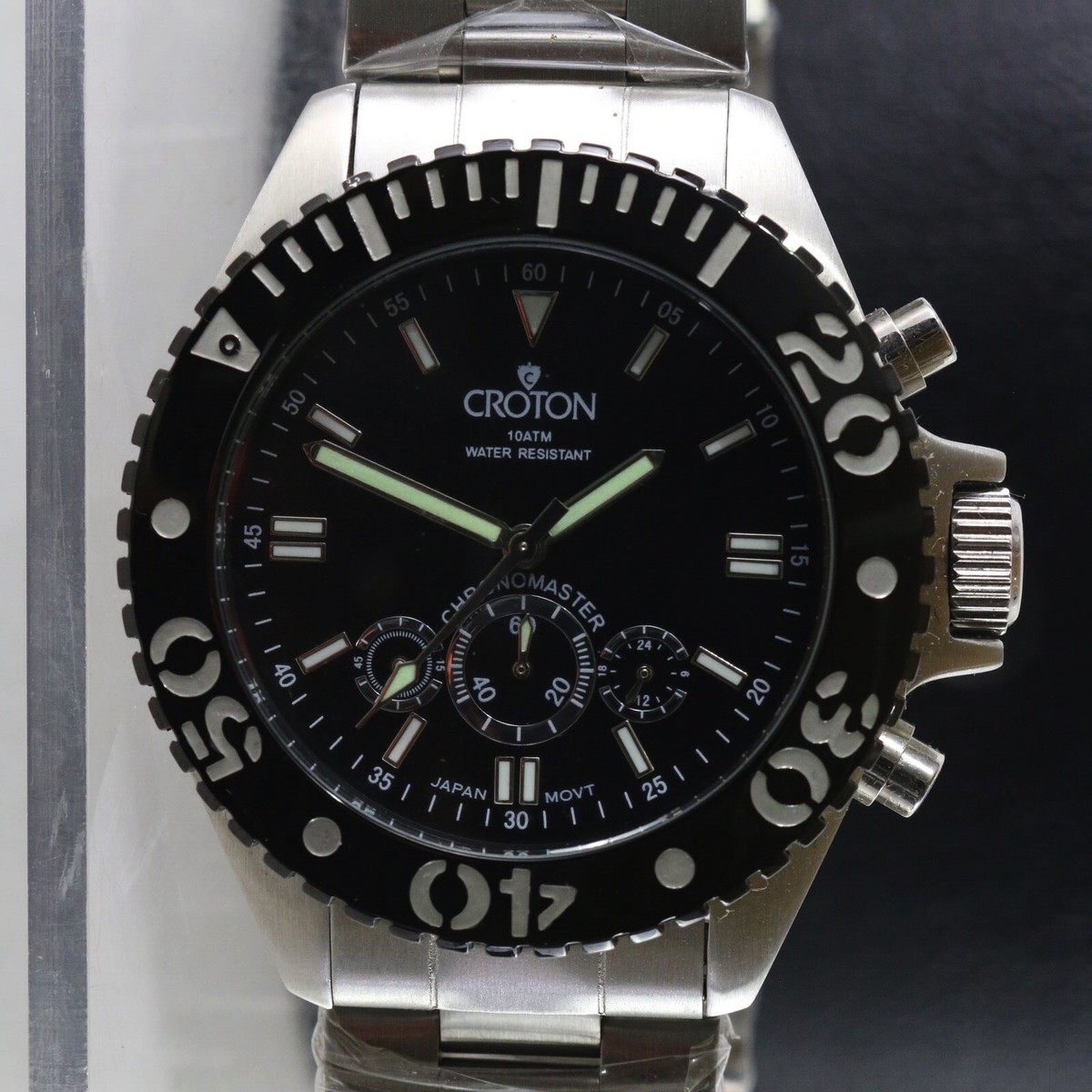 Vintage Croton Japan Quartz Mens Stainless Steel Black & Silver 10