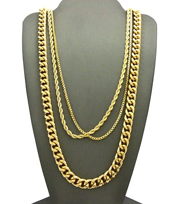 Hip Hop 2mm 24'' Box Chain, 3mm 24'' Rope Chain, 8mm30'' Cuban Chain 3 Necklace Set