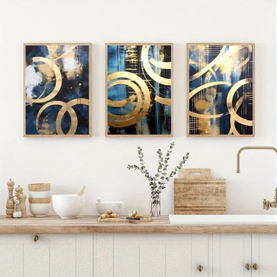 3pcs Eye-Catching Golden Circle,Blue Got Wall Art Poster Prints, Boho Wall Decor