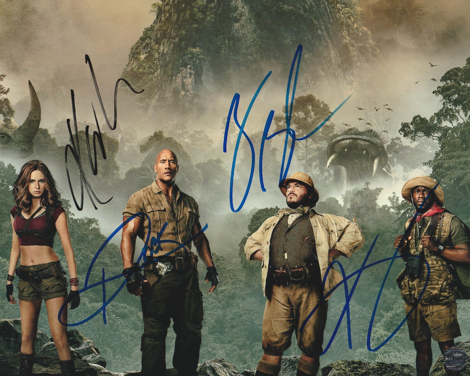 Jumanji 8x10 Photo Signed by Entire Cast (The Rock, Hart+2) COA/MatchingHologram