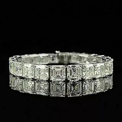 20Ct Asscher Cut White Moissanite Men's Tennis Bracelet 14K White Gold Plated