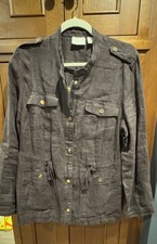 Chico  s Women's 100 Linen Dark Brown Utility Zip Up Collarless Jacket Sz 2