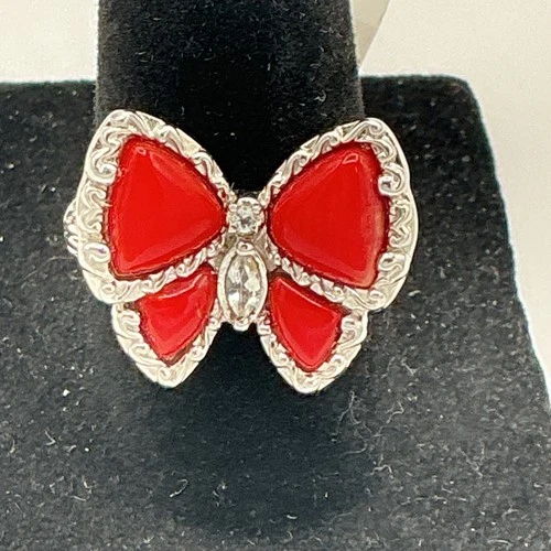925 Sterling Silver & Coral Vintage Style Ring Size 8 Butterfly