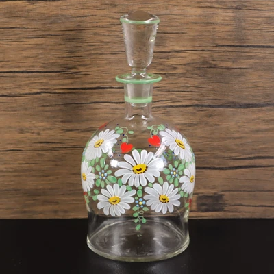 Zarte Likör Glasflasche mit Stöpsel handbemalt Blumen geblümt floral Margerite - Bild 1 von 4