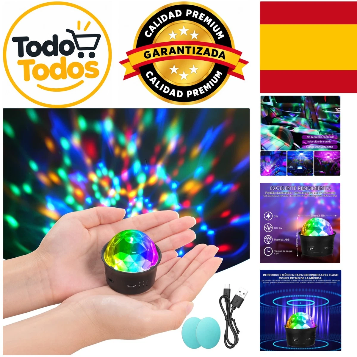 Luz de discoteca mini con 4 colores, activada por sonido, USB recargable, 5 V, 3