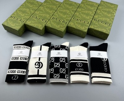 Gucci Jacquard GG Logo Crew Socks 5 Pairs Striped Design Soft Breathable Casual