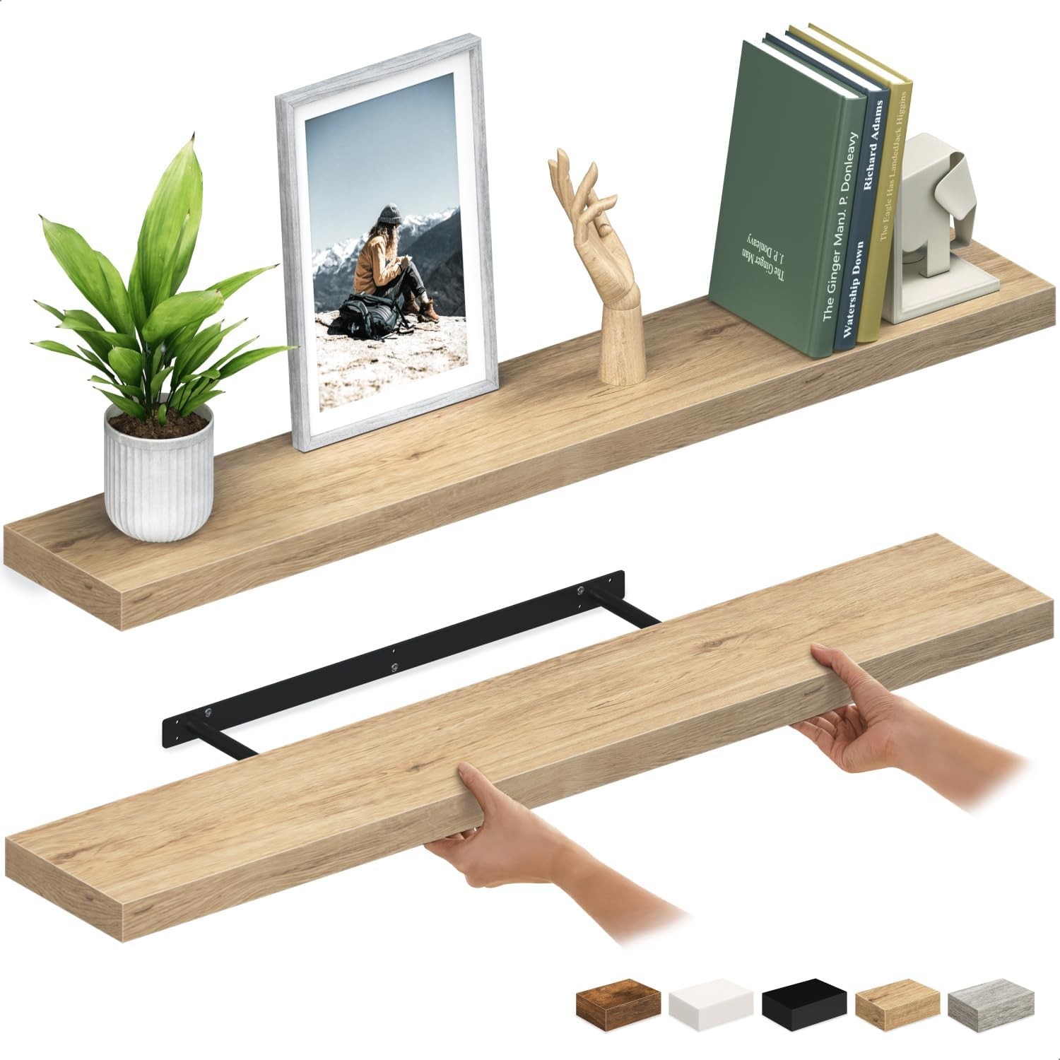 Ballucci 48-Inch Floating Wood Shelves Set of 2 in Oak Finish