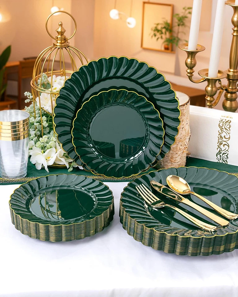 175 ШТ. Зеленые Волнистые Пластиковые Тарелки - Зеленая и Золотая Одноразовая Столовая посуда... - Изображение 4 из 4
