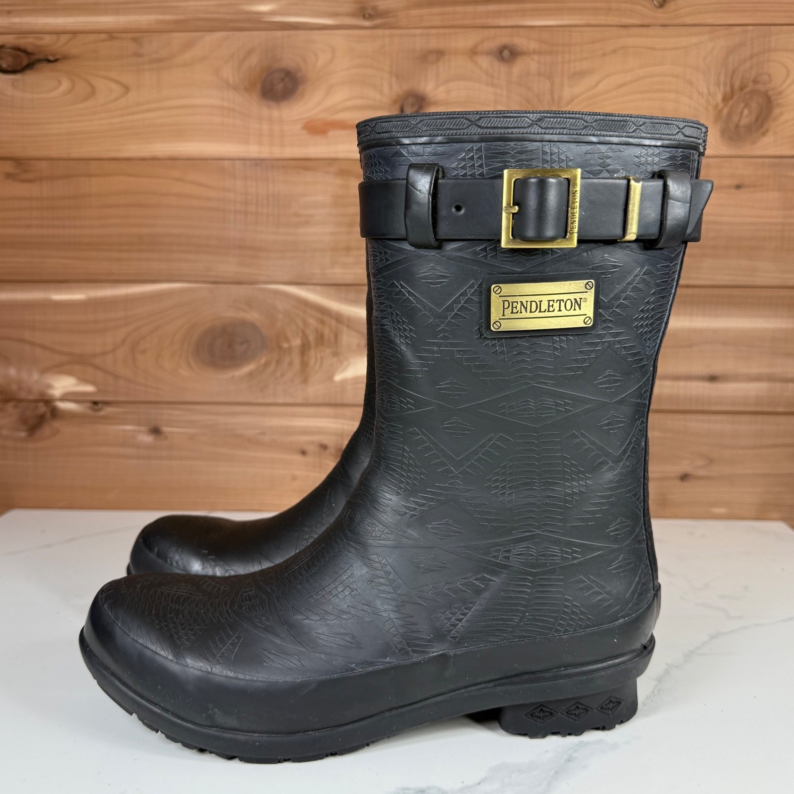 Pendleton Black Geometric Pattern Rubber Rain Boo… - image 2