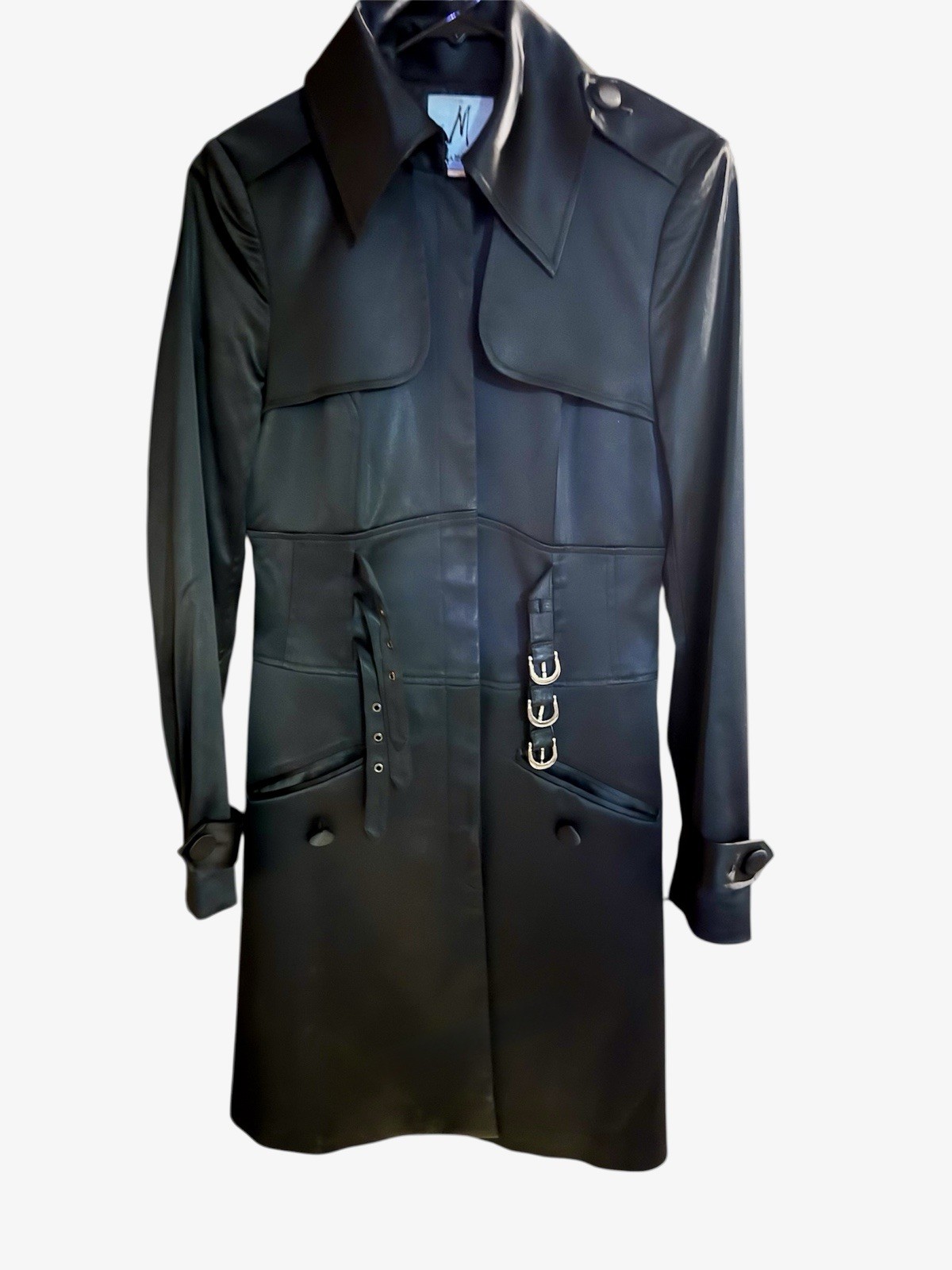 Sleek, Black Trenchcoat.  Double Breasted Design With Belted Waist