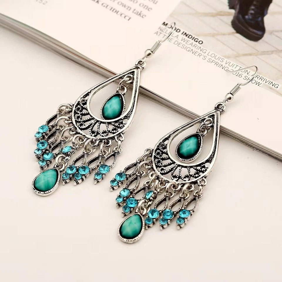 Women Jewelry Antique Earrings Turquoise Crystal Tassel Stud Teardrop Style 1399 - Image 3 of 4
