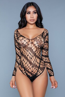 sexy BE WICKED web FISHNET long SLEEVE cheeky BODYSUIT teddy ONE-PIECE lingerie