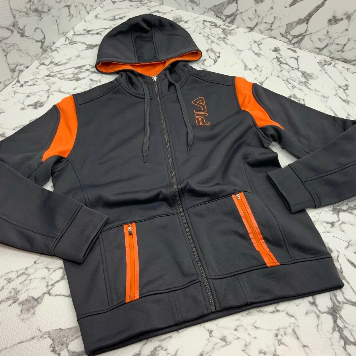 Men s Fila Grey Orange Full Zip Track Hoodie Jacket