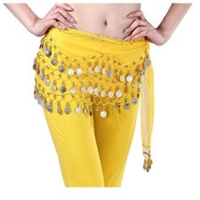 Women Belly Dance Costumes Hip Scarf Wrap Belt Skirt YELLOW/ GOLD Coins Beads