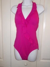 ASSETS BY SARA BLAKELY SZ L BRIGHT PINK RUFFLED V NECK ONE PIECE SWIMSUIT EUC