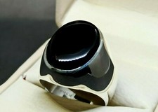 Natural Oval Black Agate Mens Ring Sterling Silver 925 Handmade Black Aqeeq Ring