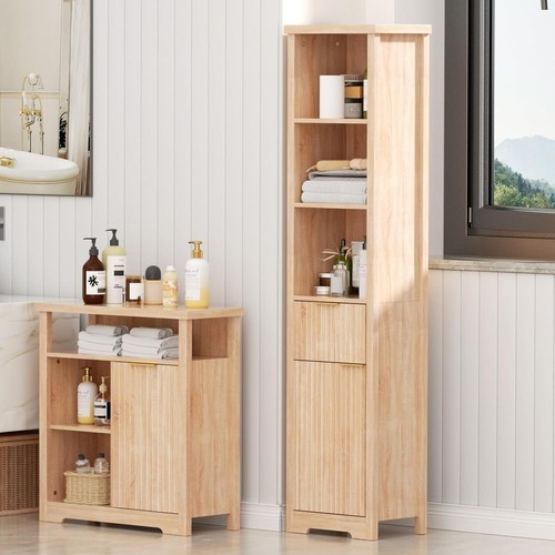 Narrow Bathroom Storage Cabinet,, Adjustable Shelves and Drawers, Natural Oak - Picture 4 of 8