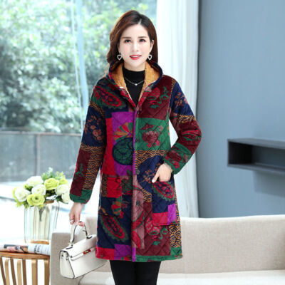Lady Midi Hooded Padded Jacket Warm Sherpa Lined Coat Outerwear Ethnic  Print UK