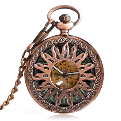 Bronze Sonne Blume Automatik Mechanische Taschenuhr für Herren Damen Anhänger Kette