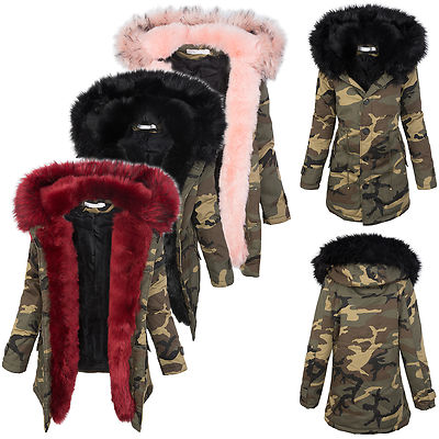 Damen winter parka jacke army-look damenjacke kunstfell kapuze