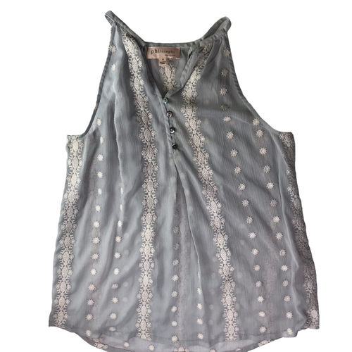 PHILOSOPHY Anthropologie Tank Top Sleeveless Gray White Embroidered Flower Small - Picture 5 of 14