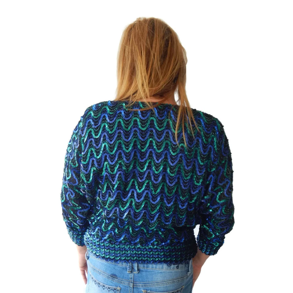 Vintage Sequin Slouch Crop Top Womens LRG Blue and Green Shoulder Pads 1980s - Image 3 of 4