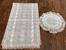 Pink And White Lace Table Runner & Matching Doily 51”x14” Girly Lace Pattern