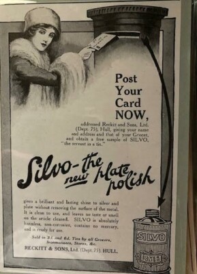 Original Vintage kleine Haushaltsreklame 20er Jahre Silvo Silber poliert von Reckitt  