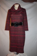 Womens BLACK & BURGUNDY SWEATER TYPE DRESS Belted LG COWL NECK Geometric S 4-6