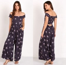 Free People Aster Jumpsuit S Floral Wide Leg Blue Off The Shoulder Smocked Top