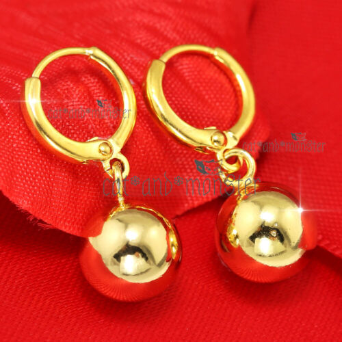24K YELLOW GOLD FILLED CLASSIC 10MM BEAD BALL DROP DANGLE WOMENS HOOP EARRINGS - Picture 1 of 5
