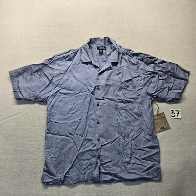 Port Authority Shirt Blue Hawaii Palm Tree Print Button Up Short Sleeve Men's L