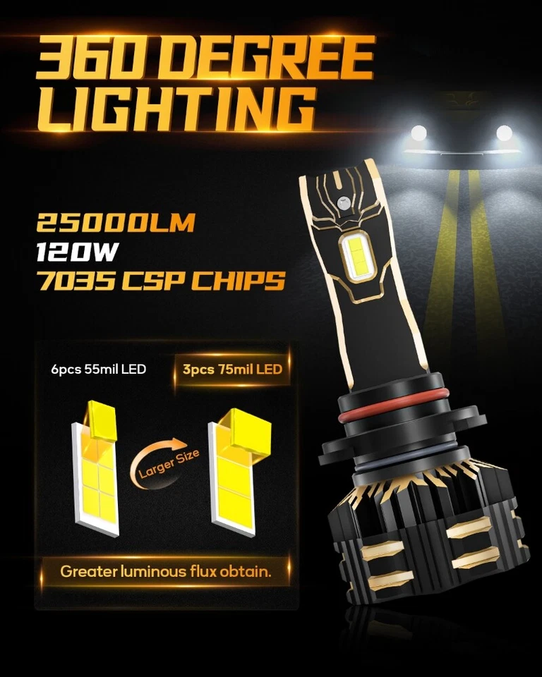 AUXBEAM 9005 High 9006 Low Beam LED Headlight 25000LM Bulbs Super Bright Canbus - Image 3 of 4