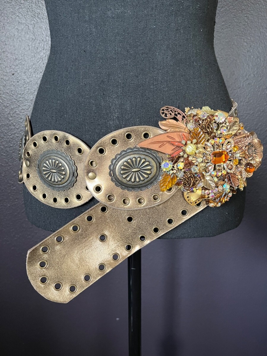 Vtg Boho Handmade Jeweled Buckle Conch Bronze Wide Belt 44  display picture 1