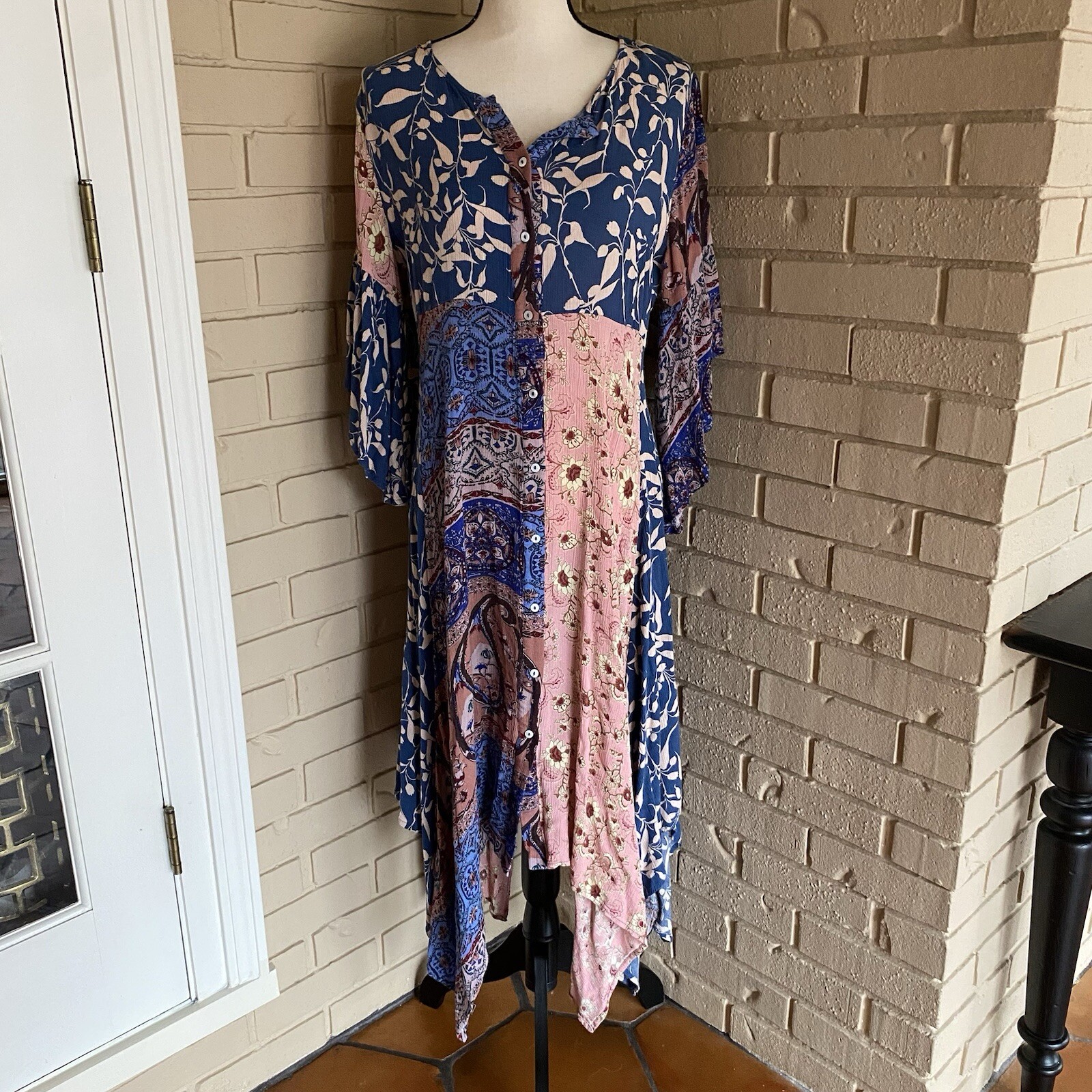 UMGEE Womens Floral Mix Print Button Front Bohemian Festival Maxi Dress Medium M